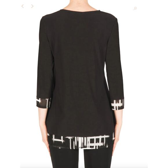 Joseph Ribkoff Macrame Black White 3/4 Sleeve High Lo Tunic Size 14 - Picture 2 of 9